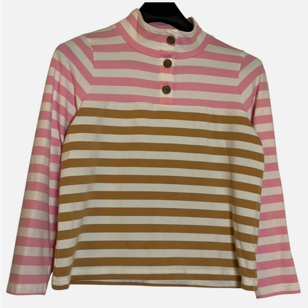 J. Crew Mock Button Neck Blouse Top Pink Camel Striped Lg Preppy